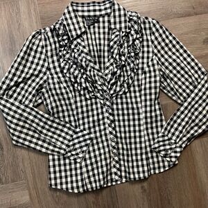 Tracy M Gingham Ruffle Blouse Womens Medium Black White Cottagecore Victorian